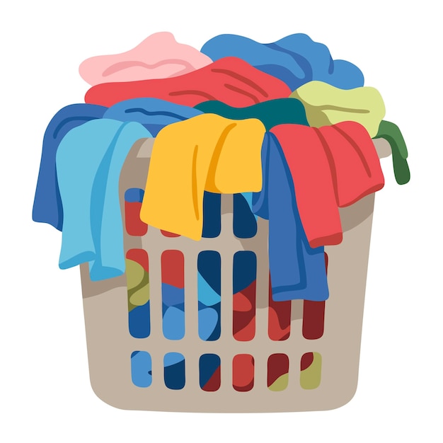 Um cesto de roupa colorido, cheio de roupas vibrantes para tarefas diárias e organização