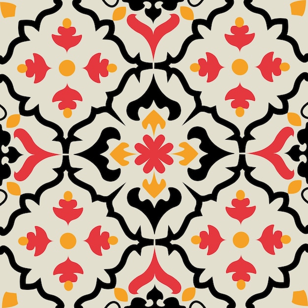 Um chão de azulejos desenhado com flores vermelhas e amarelas