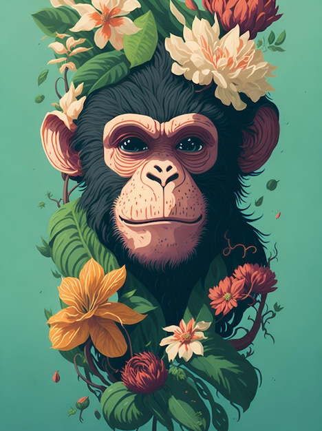 Um chimpanzé com flores nele