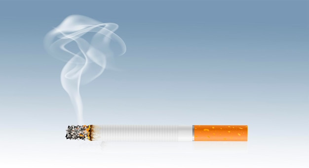 Um cigarro branco fumando com um filtro amarelo em um fundo cinza gradiente. Copie o espaço. Ilustração vetorial