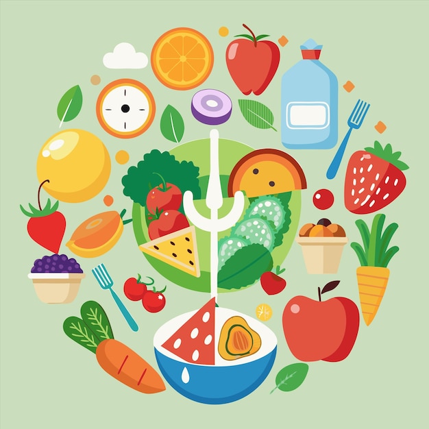 um círculo de frutas e legumes, incluindo maçãs, maçãs e uma vela