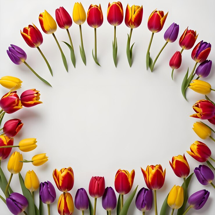 Vetor um círculo de tulipas roxas e amarelas com um círculo de flores rochas e amarelas no meio