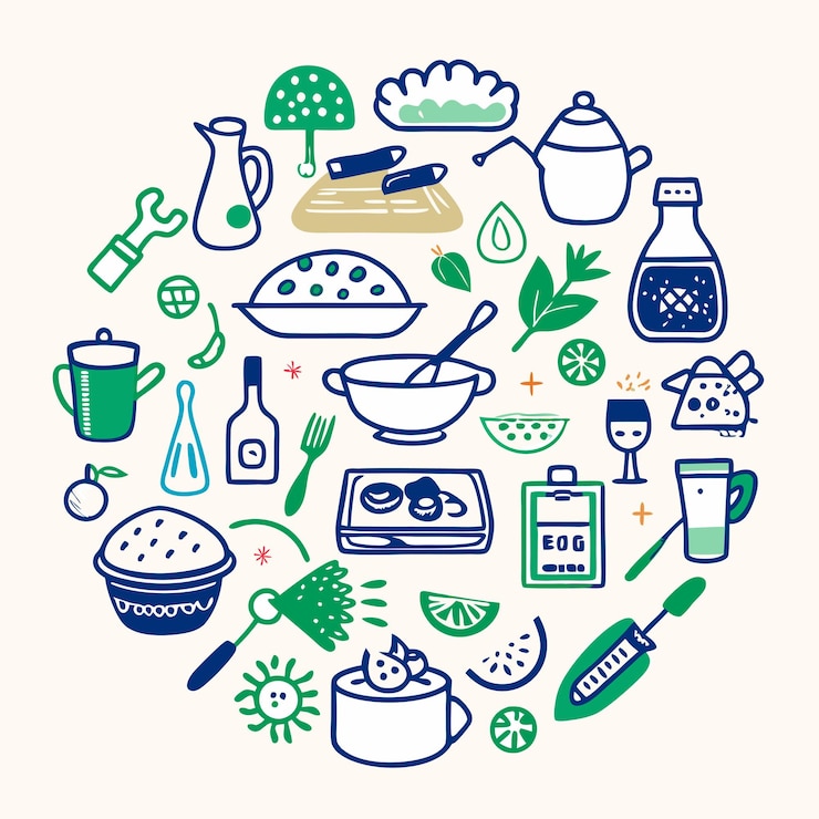 Vetor um círculo de utensílios de cozinha e utensídios de cozinha
