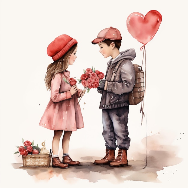Vetor um clipart temático do dia dos namorados com crianças trocando cartões e guloseimas em forma de coração aquarela