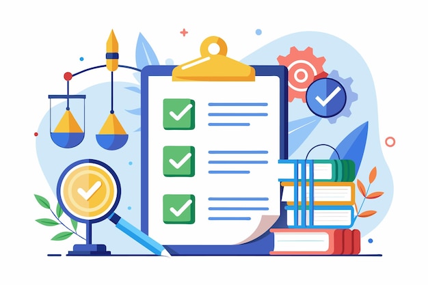 Vetor um clipboard exibindo uma lista de verificação com caixas de verificação ao lado de uma lupa para uma inspeção mais próxima avaliação dos regulamentos da empresa ilustração vetorial plana simples e minimalista