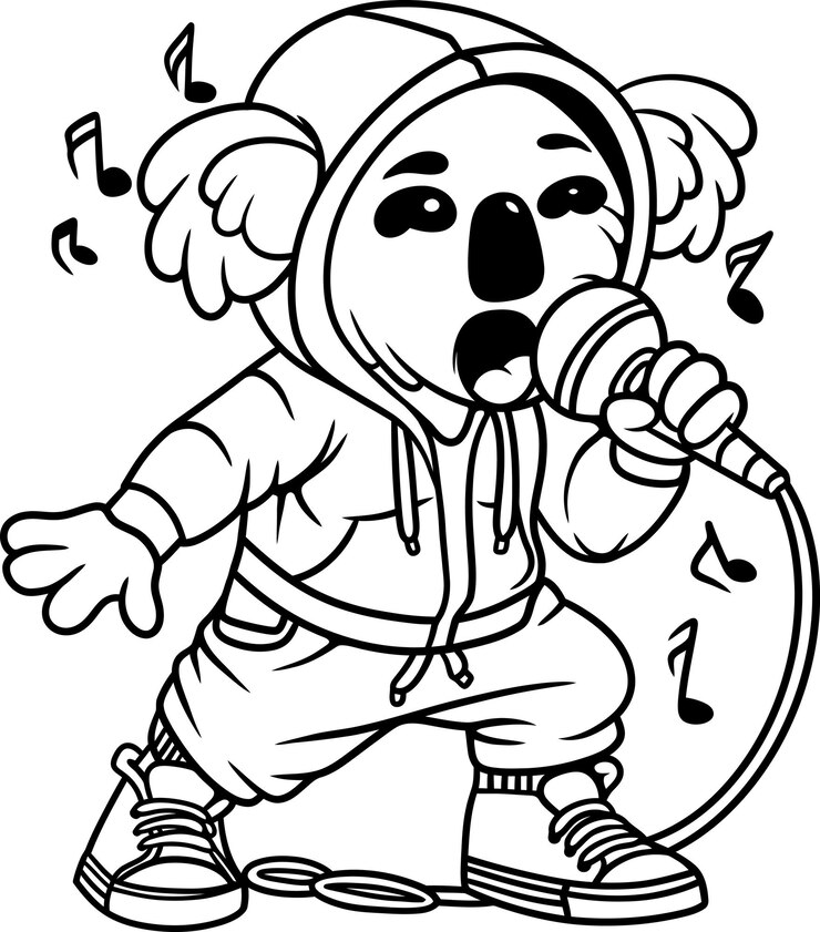 Vetor um coala bonito cantando uma canção com um microfone na mão