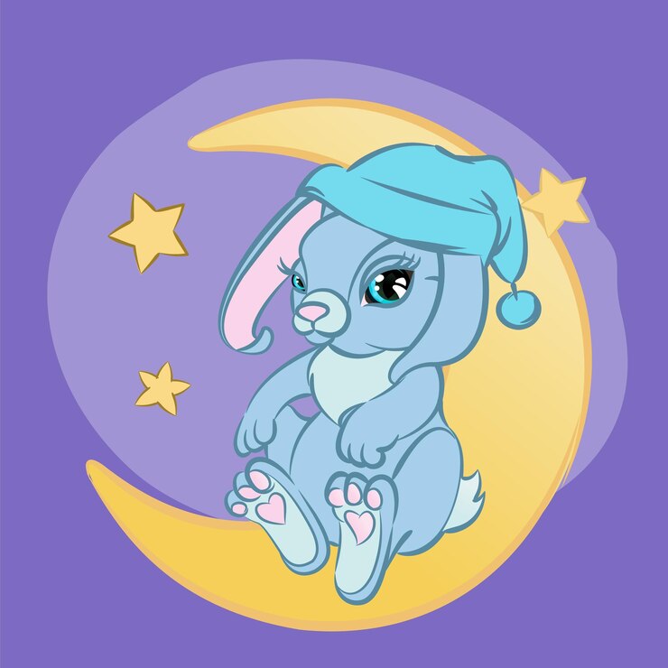Vetor um coelhinho bonito com um boné de dormir senta-se na lua contra um céu estrelado