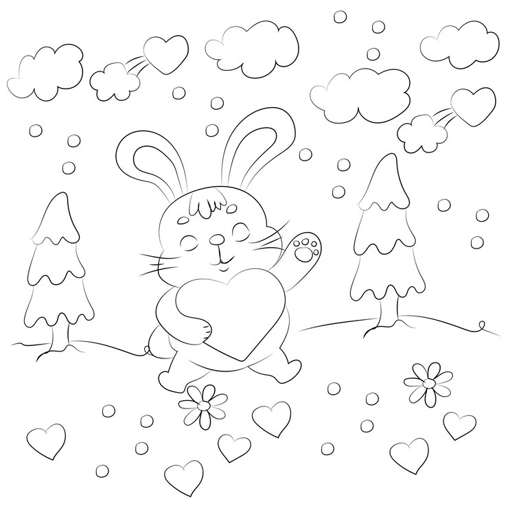 Vetor um coelho bonito segurando um coração em uma cena de neve caprichosa com nuvens e flores