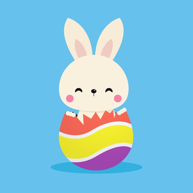 Um coelho de desenho animado está dentro de um ovo colorido