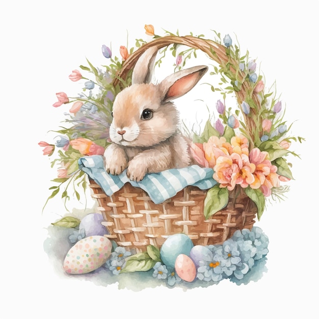 Um coelho em uma cesta com flores e ovos de páscoa.