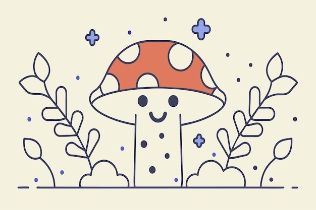 Vetor um cogumelo de desenho animado com um sorriso no rosto é cercado por folhas e flores