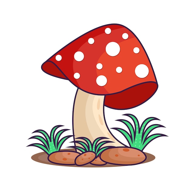 Um cogumelo fresco com grama e pedra cresce ilustração