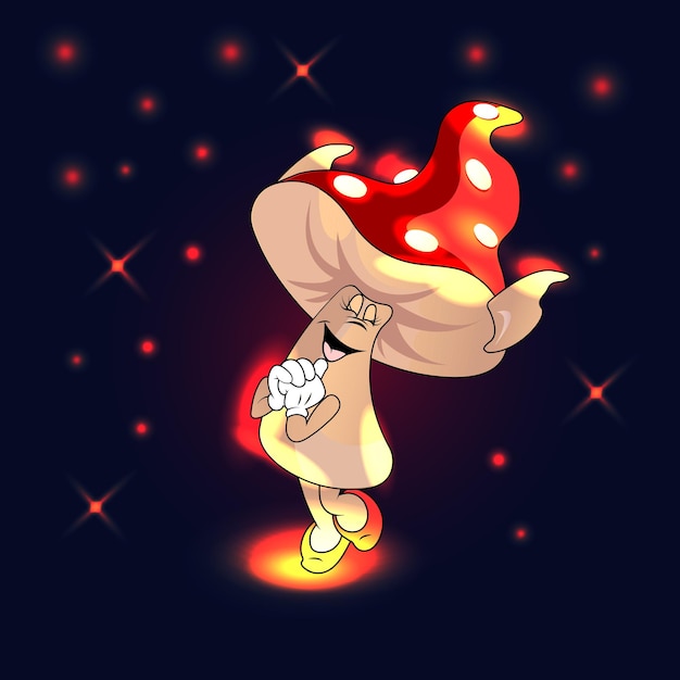 Vetor um cogumelo vermelho mágico sorrindo docemente e levantando as mãos até o rosto feliz ano novo