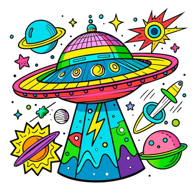 Vetor um colorido planetas espaciais doodle cliparts