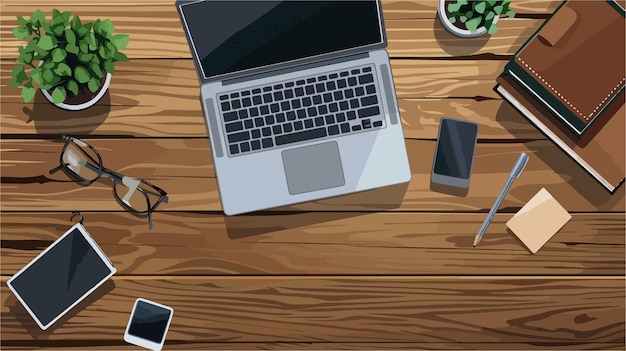 um computador com um laptop e um monte de telefones inteligentes em uma mesa de madeira