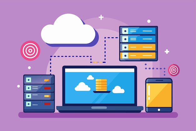 Um computador portátil sentado em cima de uma mesa sincronizar e fazer backup de grandes dados no laptop Ilustração vetorial plana simples e minimalista