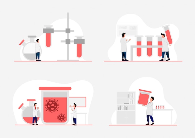 Um conceito ilustrado de laboratórios de pesquisa, cientistas trabalhando em laboratórios