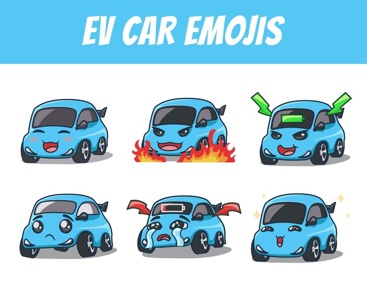 Vetor um conjunto bonito e dinâmico de emojis de carros elétricos expressões únicas feliz poder raiva triste rubor