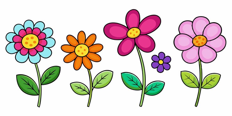 Vetor um conjunto colorido de flores com um pássaro na frente