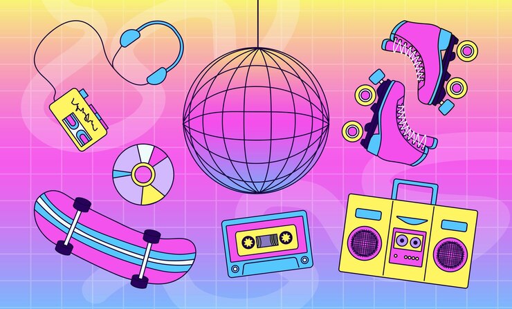 Um conjunto colorido de itens divertidos no estilo dos anos 90 e Y2k Uma coleção moderna de patches femininos Pacote retrowave hipster peculiar