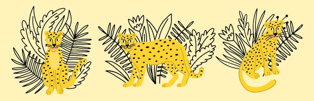 Um conjunto com leopardos engraçados de desenho animado e flores em estilo infantil
