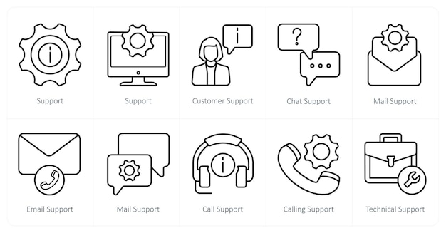 Um conjunto de 10 ícones de suporte ao cliente como suporte de chat de apoio ao cliente