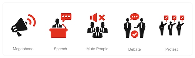 Vetor um conjunto de 5 ícones da liberdade de expressão como megafone para silenciar as pessoas