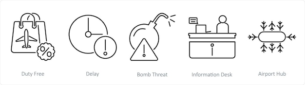 Vetor um conjunto de 5 ícones de aeroporto como ameaça de bomba de atraso isento de impostos