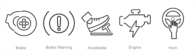 Vetor um conjunto de 5 ícones de carro como aviso de freio de freio acelerar