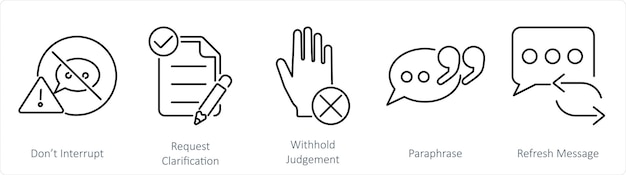 Vetor um conjunto de 5 ícones de escuta ativa para não interromper o pedido de esclarecimento com julgamento de retenção