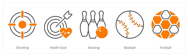 Um conjunto de 5 ícones de esportes e fitness como tiro de gol de saúde bowling
