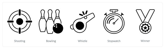 Um conjunto de 5 ícones de esportes e fitness como um apito de bowling de tiro