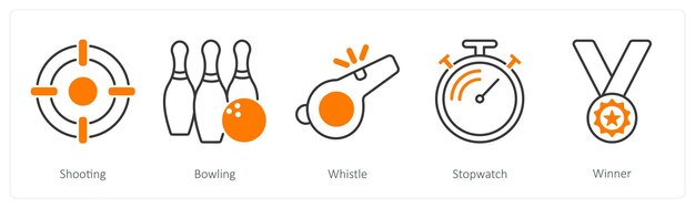 Um conjunto de 5 ícones de esportes e fitness como um apito de bowling de tiro