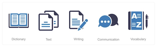 Vetor um conjunto de 5 ícones de linguagem como escrita de texto de dicionário