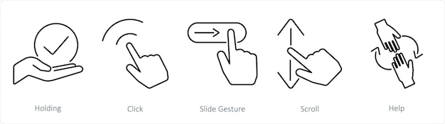 Um conjunto de 5 ícones de mãos como um gesto de slide de clique