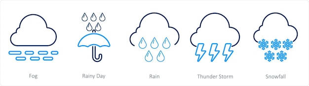 Vetor um conjunto de 5 ícones de mistura como névoa chuva de dia chuvoso