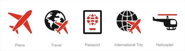 Um conjunto de 5 ícones de mistura como passaporte de viagem de avião