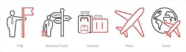 Um conjunto de 5 ícones de mistura como uma mala de viagem de negócios de bandeira