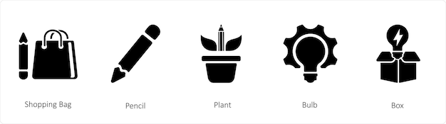 Um conjunto de 5 ícones de negócios, como bolso de compras, lápis e planta