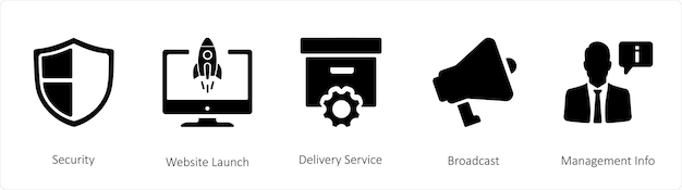 Um conjunto de 5 ícones de negócios, como o lançamento de site de segurança