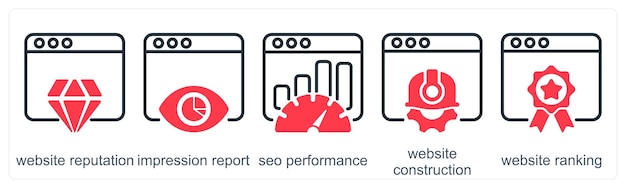 Um conjunto de 5 ícones de negócios como relatório de impressão de reputação do site desempenho SEO