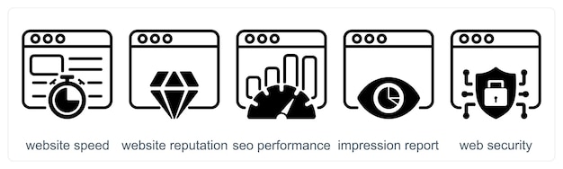 Um conjunto de 5 ícones de negócios como velocidade do site reputação do site desempenho SEO