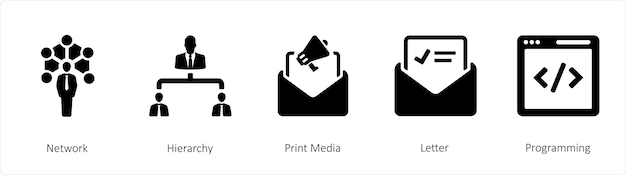 Um conjunto de 5 ícones de negócios, tais como hierarquia de rede mídia impressa