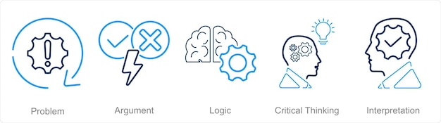 Vetor um conjunto de 5 ícones de pensamento crítico como lógica de argumento de problema