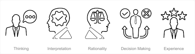 Vetor um conjunto de 5 ícones de pensamento crítico como racionalidade de interpretação de pensamento