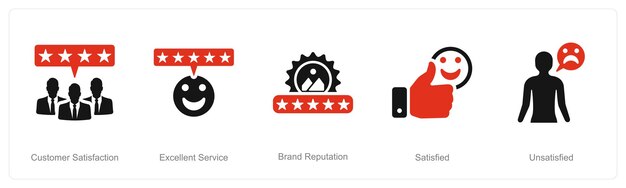 Um conjunto de 5 ícones de serviço ao cliente como satisfação do cliente excelente reputação de marca de serviço