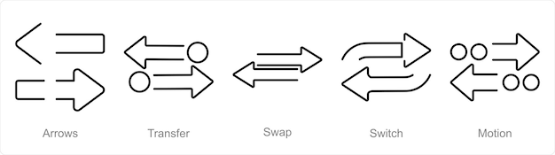Um conjunto de 5 ícones de setas como transferência de setas de troca