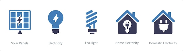 Um conjunto de 5 ícones imobiliários, como painéis solares, eletricidade, luz ecológica