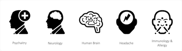 Um conjunto de 5 ícones médicos, como psiquiatria, neurologia, cérebro humano.