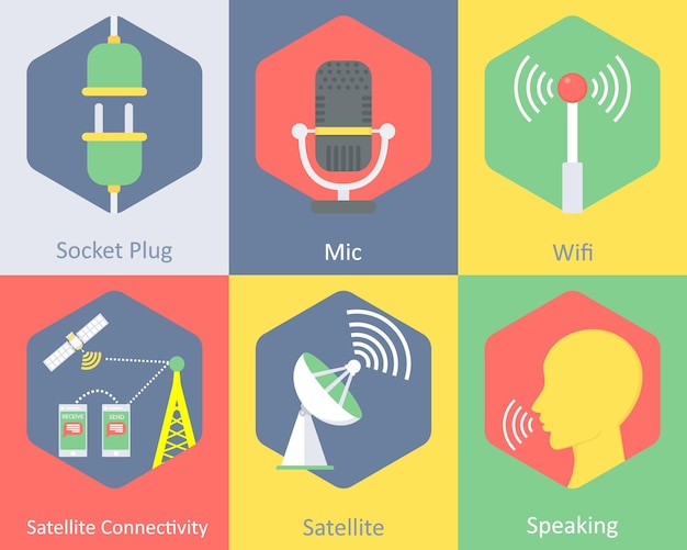 Vetor um conjunto de 6 ícones de comunicação como socket plug microfone wifi